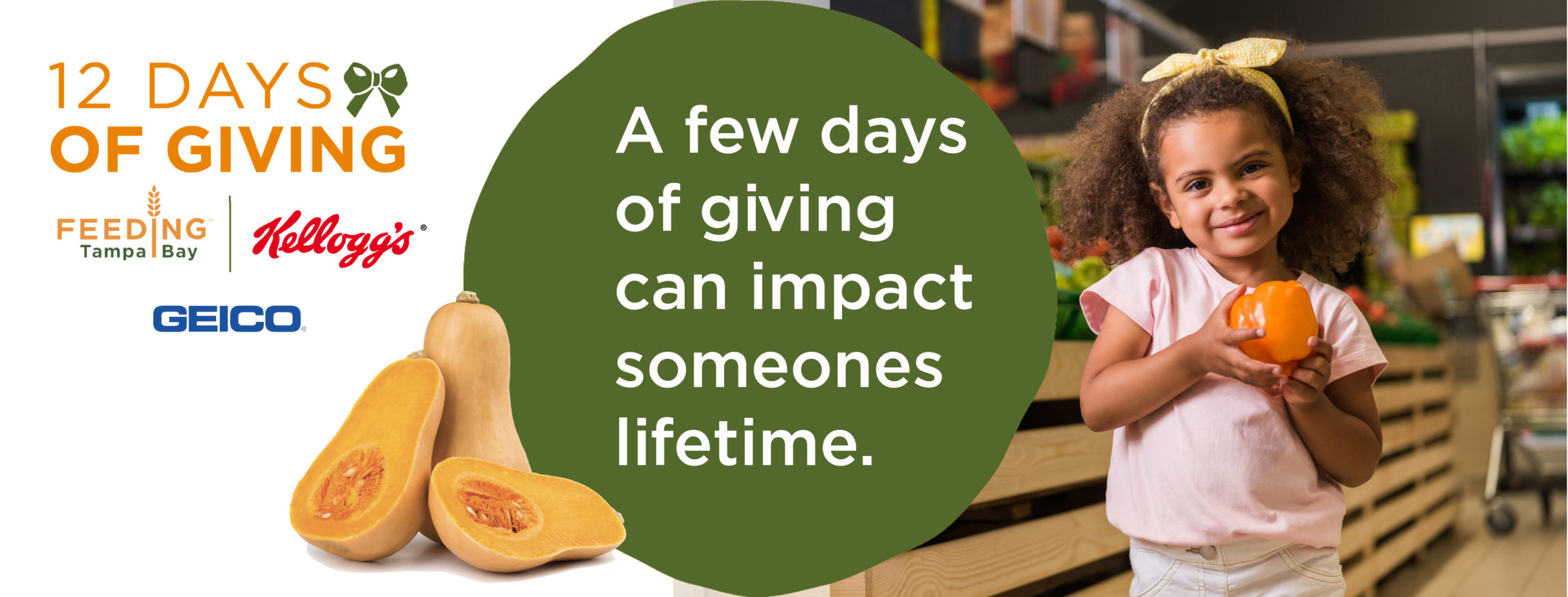 Little girl smiles while holding an orange pepper for 12 days of giving campaign graphic