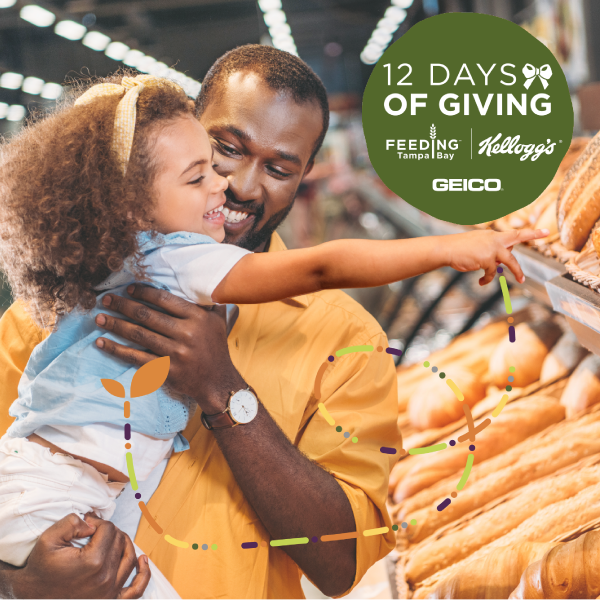 Father and daughter pick out food for 12 days of giving campaign graphic