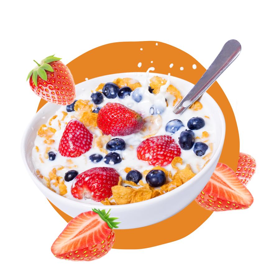 Bowl of milk and cereal with fruits