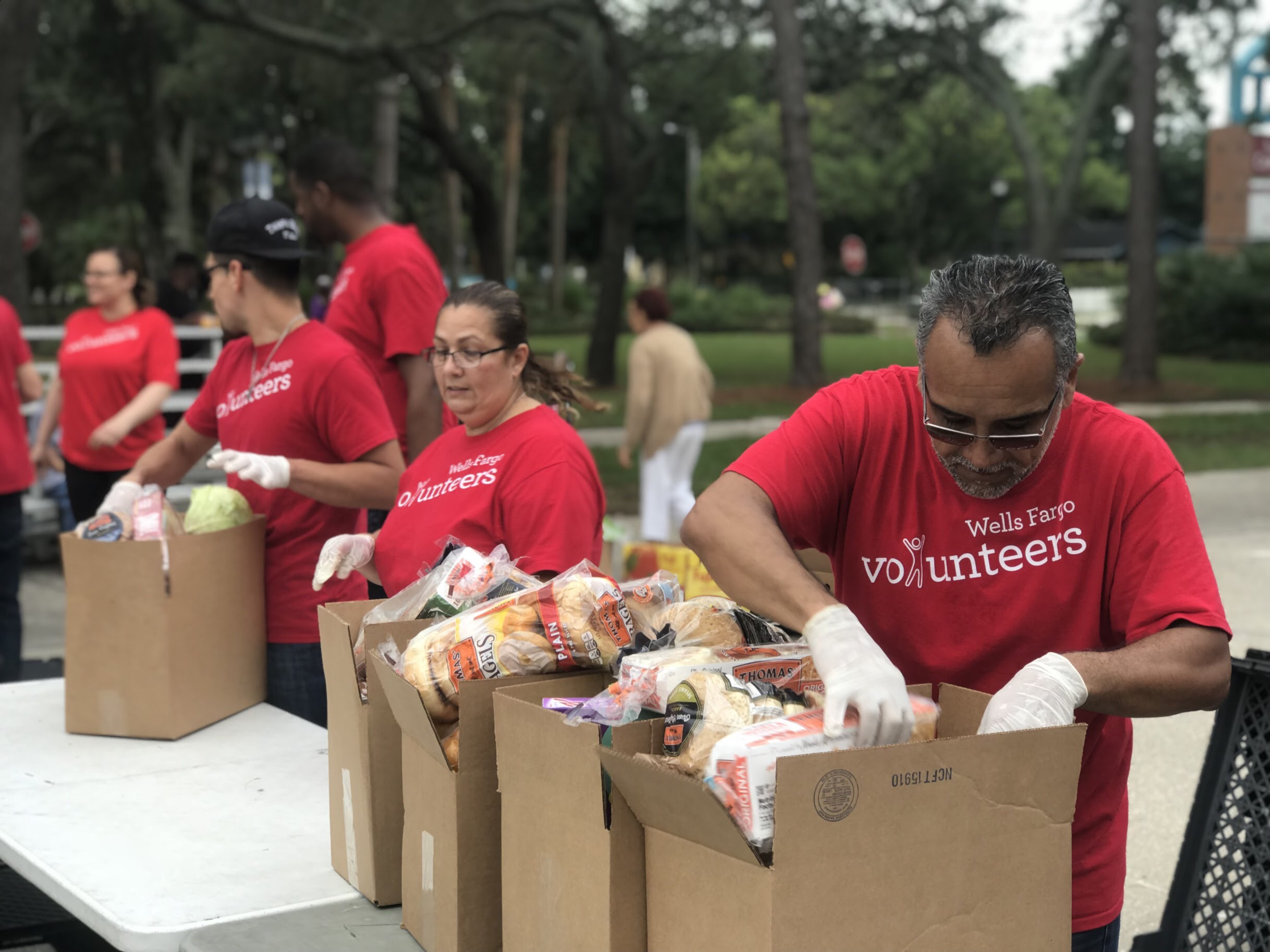 Volunteers sorting boxes of food outdoors
